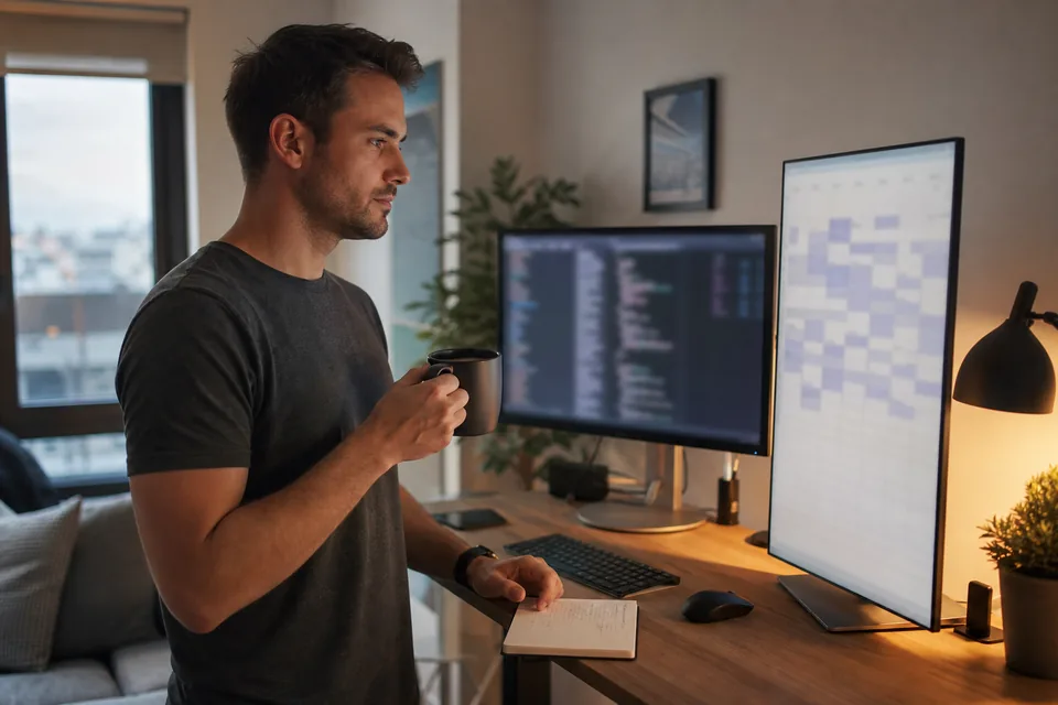 Independent software seller checking upcoming payout dates on a monitor at a home desk