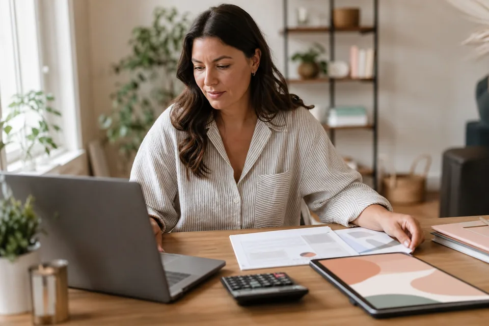 Independent seller comparing monthly sales and fees on a laptop at a home studio desk